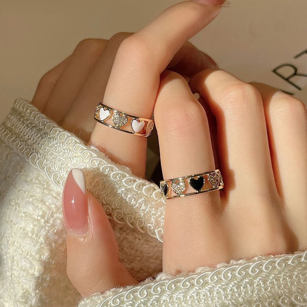 3/$35 Black Heart Clear Rhinestones Diamond Gold Adjustable Open Ring Jewelry